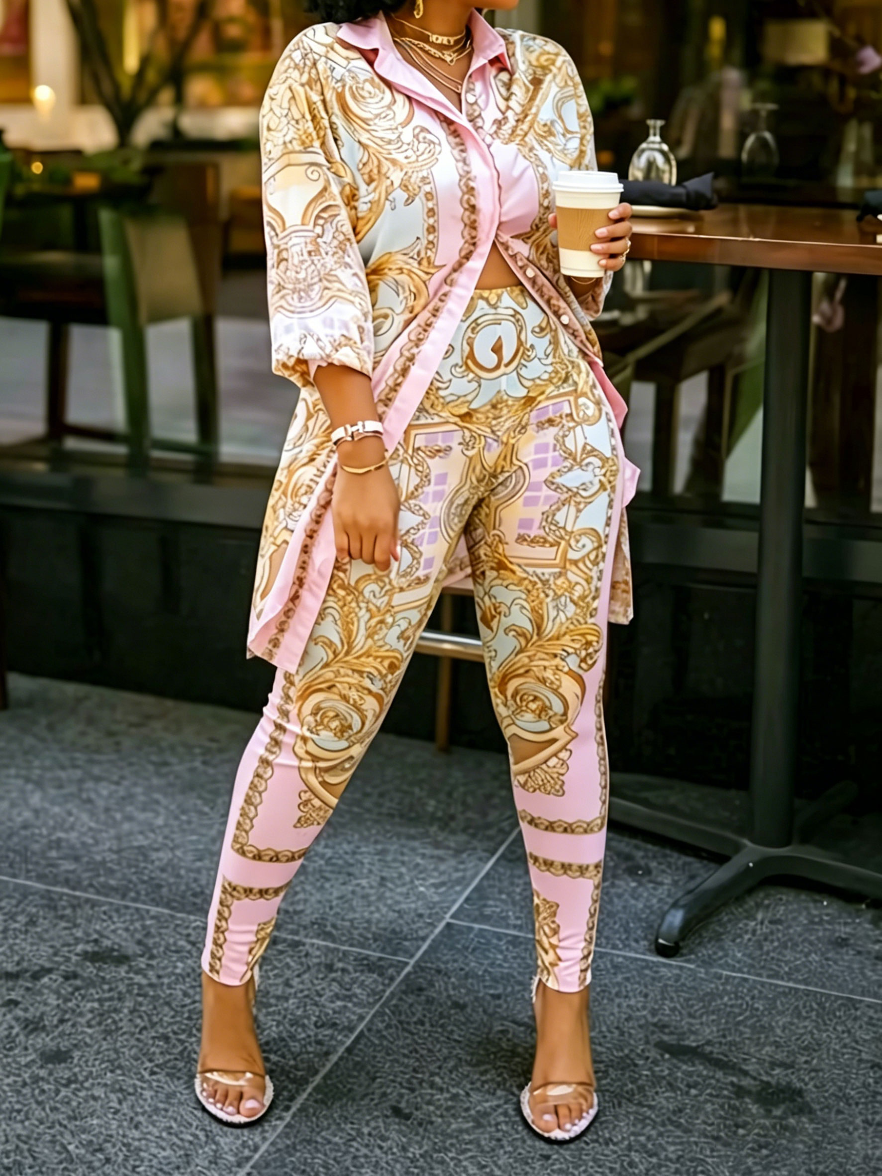 Women 2 Piece Set Ornate Print - огляд і ціна Shirt Camp Collar