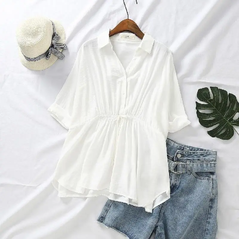 Korean Loose Blouses Women Fas - огляд і ціна Short Linen Drawstring